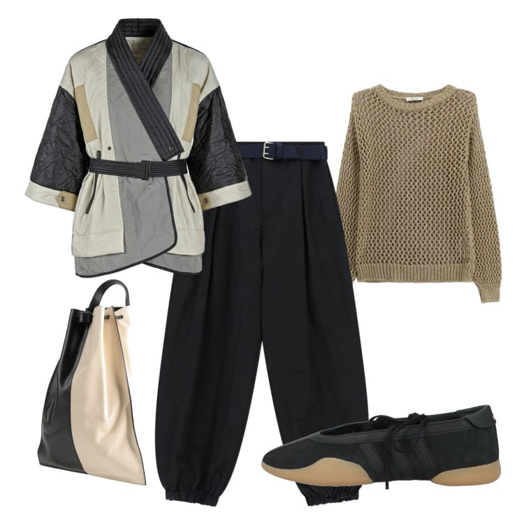 Outfit donna - Casual urbano. Stile Urban per Tutti i giorni. Abbinamento con ballerine, zaini, pantaloni, kimono, maglieria.