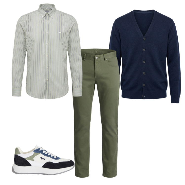 Outfit uomo - Verde e blu. Stile Casual per Tutti i giorni. Abbinamento con sneakers, camicie, cardigans, pantaloni.