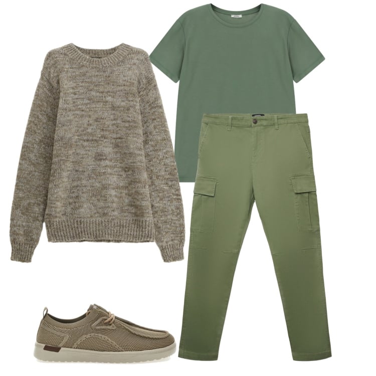 Outfit uomo - Equilibrio. Stile Casual per Tutti i giorni. Abbinamento con pantaloni cargo, maglieria, t-shirt, scarpe stringate.