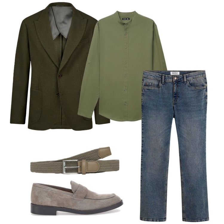 Outfit uomo - Green charm. Stile Casual per Tutti i giorni. Abbinamento con jeans bootcut, cinture, camicie, scarpe stringate, giacche.