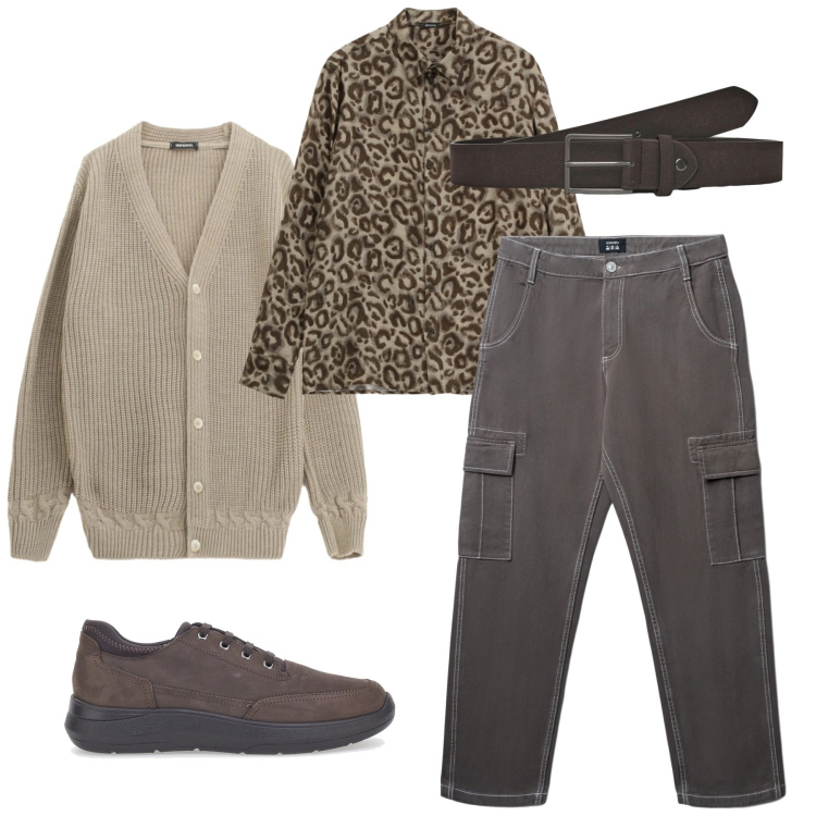 Outfit uomo - Terra. Stile Urban per Tutti i giorni. Abbinamento con cardigans, camicie, pantaloni cargo, cinture, scarpe stringate.