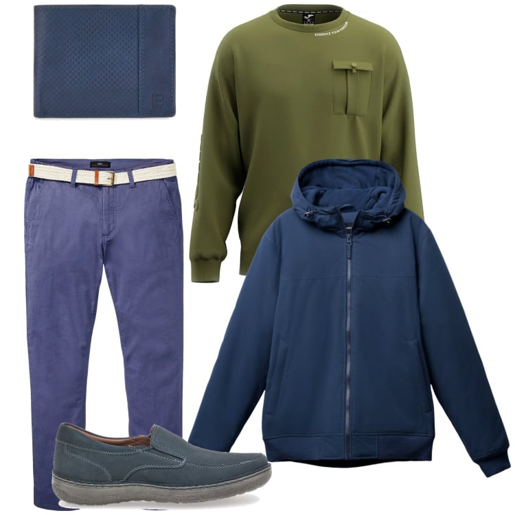Outfit uomo - Total look #2365247. Stile Trendy per Tutti i giorni. Abbinamento con pantaloni chino, giacche, portafogli, scarpe stringate, felpe.