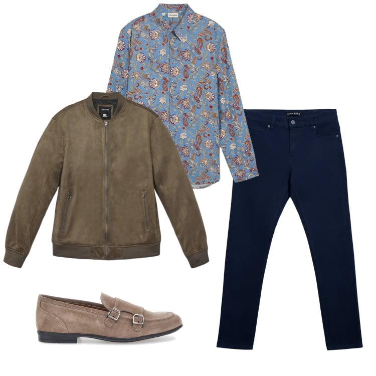 Outfit uomo - Fiori e suede. Stile Casual per Tutti i giorni. Abbinamento con camicie, pantaloni skinny, giacche, scarpe stringate.