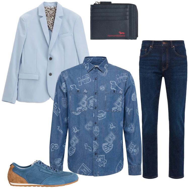 Outfit uomo - Sfumature di Denim. Stile Urban per Tutti i giorni. Abbinamento con portamonete, sneakers, jeans, camicie, giacche.