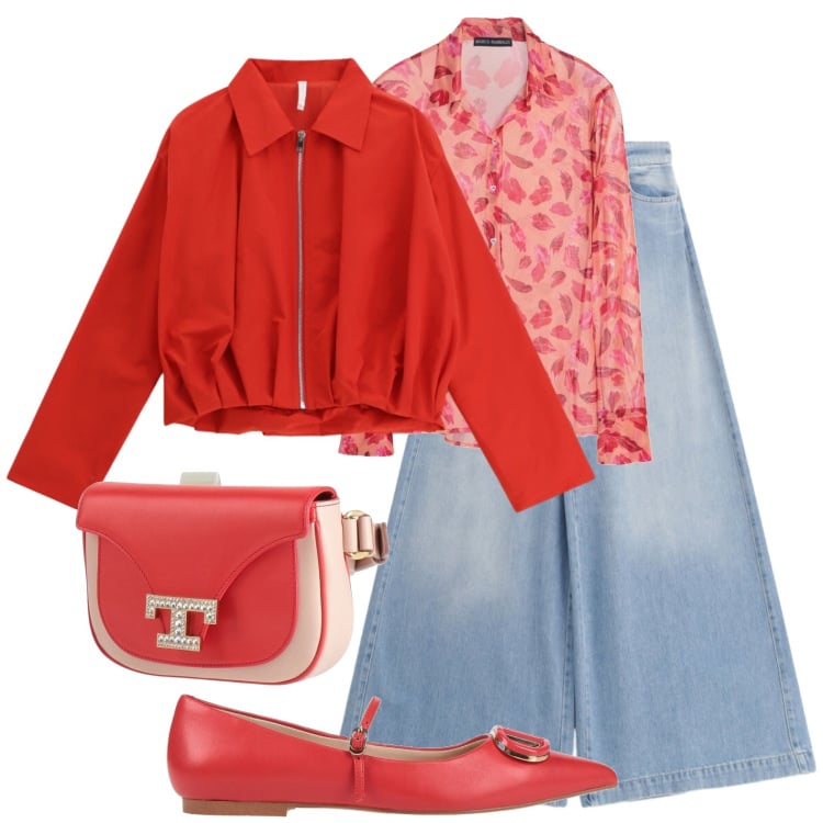Outfit donna - Rosso primaverile. Stile Casual chic per Tutti i giorni. Abbinamento con camicie, marsupi, ballerine, jeans, bomber.