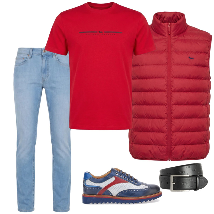 Outfit uomo - Rosso Dinamico. Stile Urban per Tutti i giorni. Abbinamento con cinture, piumini, jeans, t-shirt, scarpe stringate.