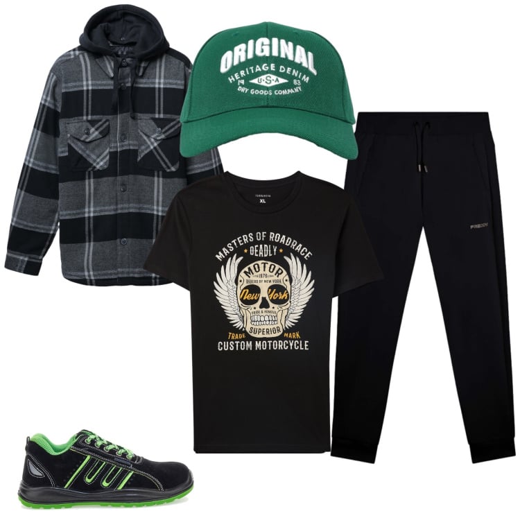 Outfit uomo - Street-Biker. Stile Biker Rock per Tutti i giorni. Abbinamento con t-shirt, giacche, cappelli con visiera, pantaloni, scarpe stringate.
