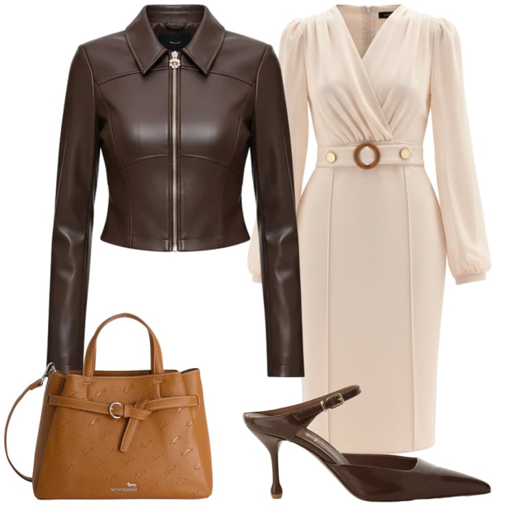 Outfit donna - Abito beige con cintura. Stile Chic per Tutti i giorni. Abbinamento con borse a mano, giacche, vestiti a tubino, décolleté.