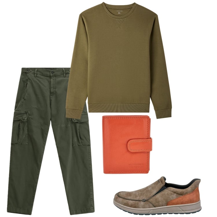 Outfit uomo - Casual mood. Stile Casual per Tutti i giorni. Abbinamento con felpe, pantaloni cargo, portafogli, scarpe stringate.