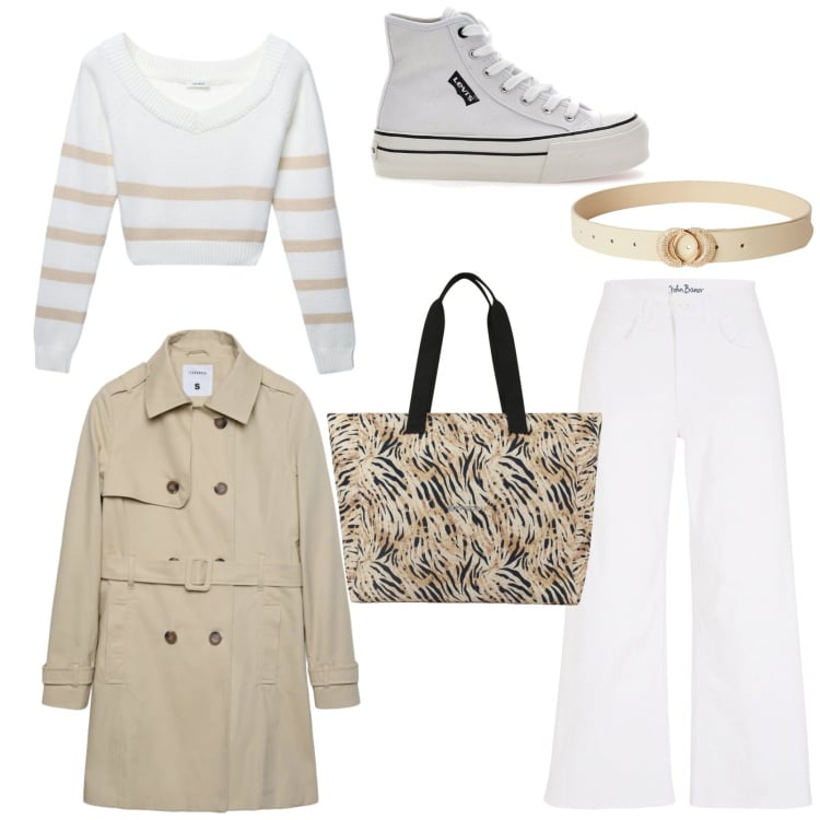 Outfit donna - Trendy in città. Stile Trendy per Tutti i giorni. Abbinamento con jeans, cinture, maglieria, trench, shopping bag, sneakers.