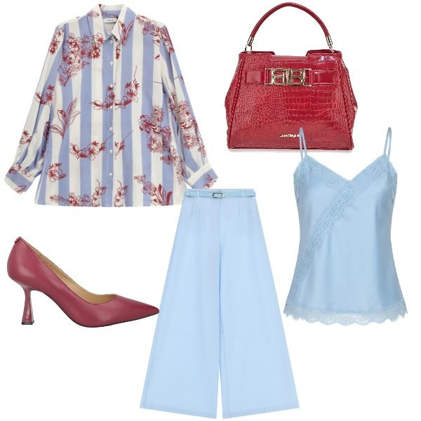 Outfit donna - Contrasti raffinati. Stile Casual chic per Tutti i giorni. Abbinamento con décolleté, pantaloni a palazzo, top, camicie, borse a mano.