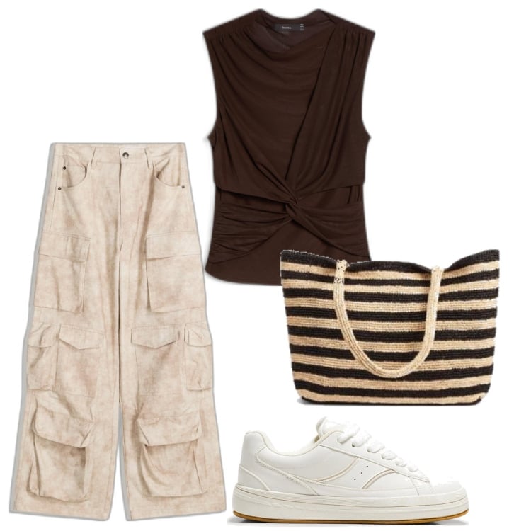 Outfit mujer - Casual look. Estilo Casual para Todos los días. Combinación con bolso tote, sneakers, pantalones cargo, top.