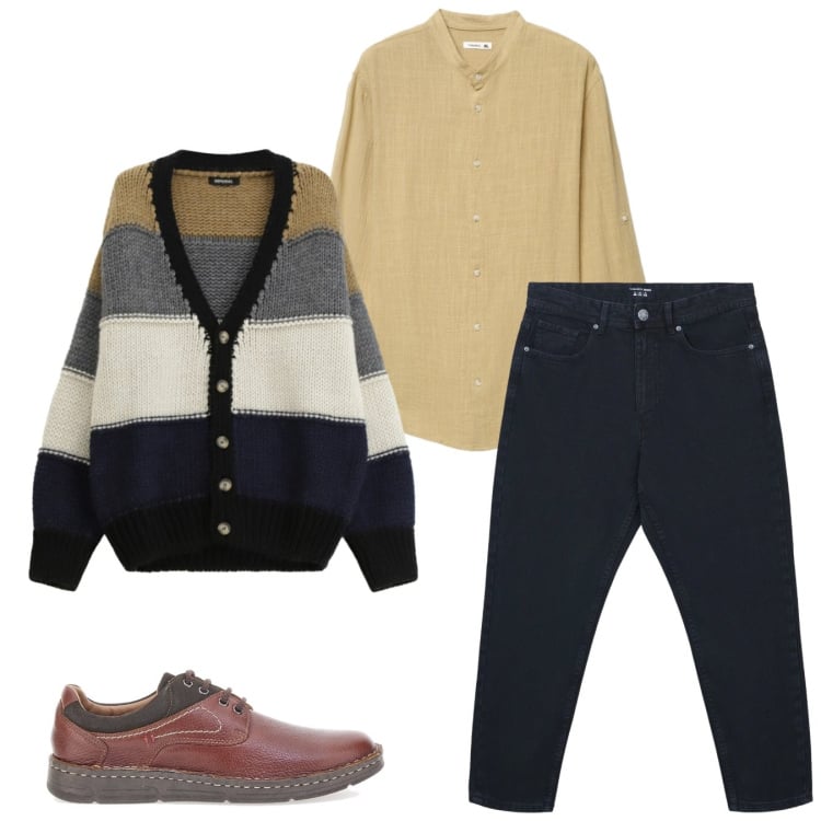 Outfit uomo - Il cardigan. Stile Casual per Tutti i giorni. Abbinamento con jeans, camicie, cardigans, scarpe stringate.