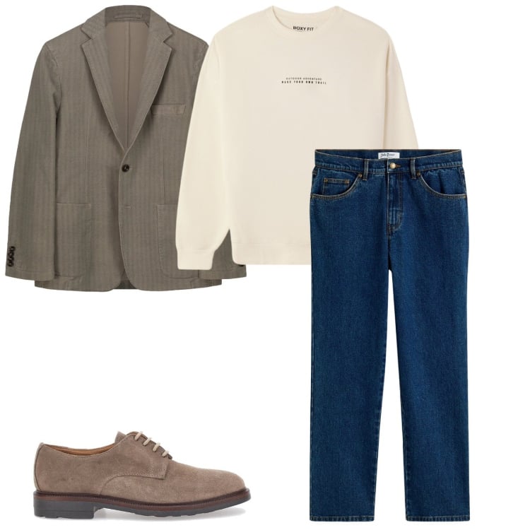 Outfit uomo - Un pomeriggio. Stile Casual per Tutti i giorni. Abbinamento con jeans dritti, scarpe stringate, giacche, felpe.