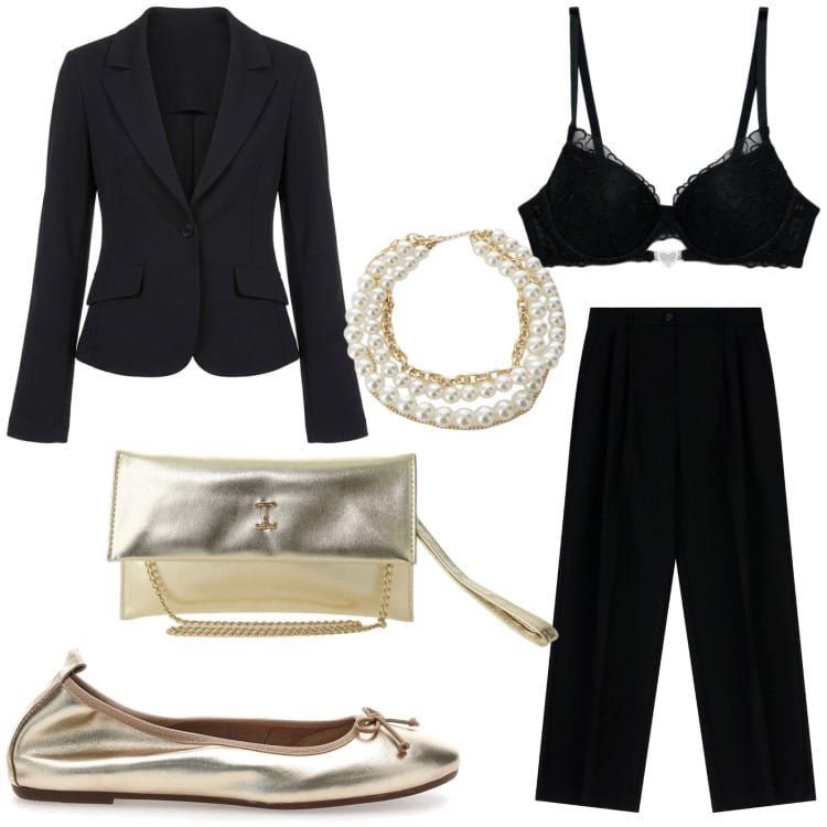 Outfit donna - Tocchi luminosi e dettagli glamour. Stile Glamour per Tutti i giorni. Abbinamento con reggiseni push-up, blazer, borse a tracolla, pantaloni a palazzo, collane, ballerine.