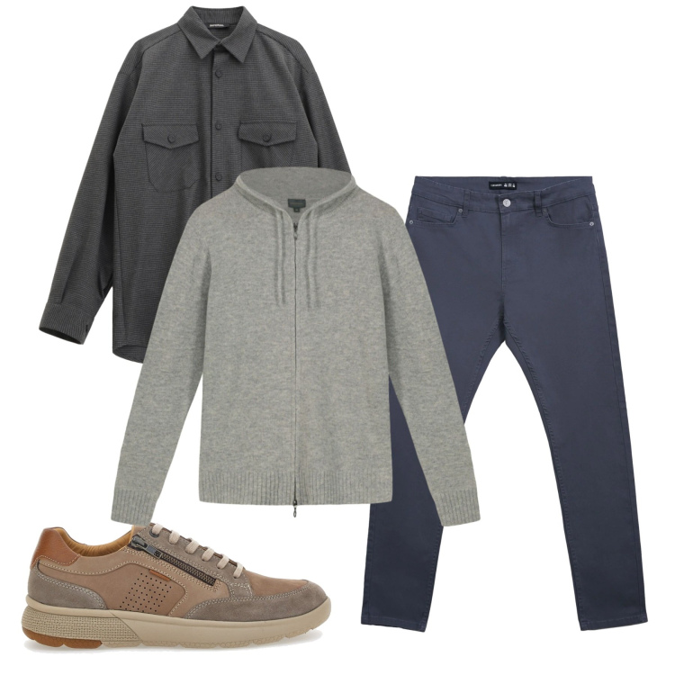 Outfit uomo - On the road. Stile Casual per Tutti i giorni. Abbinamento con pantaloni skinny, camicie, scarpe stringate, felpe con cappuccio.