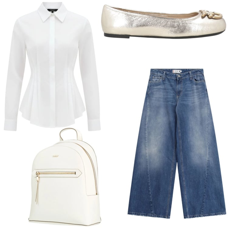 Outfit donna - Nuovi look di primavera e tocchi luminos. Stile Chic per Tutti i giorni. Abbinamento con ballerine, zaini, jeans, camicie.