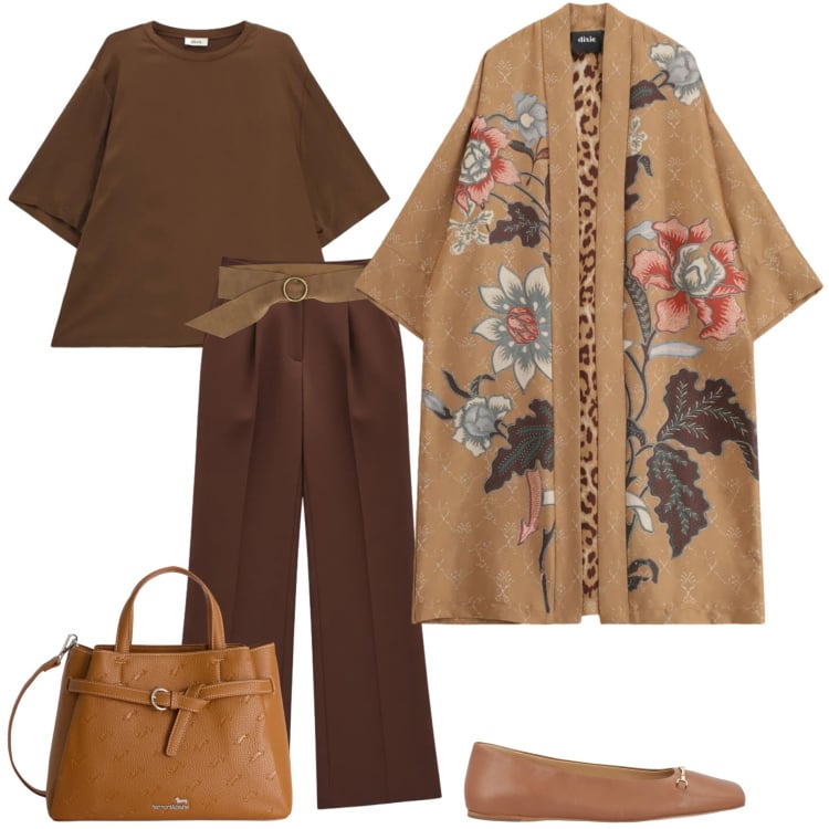 Outfit donna - Kimono fiorato. Stile Sporty chic per Serata fuori. Abbinamento con ballerine, borse a mano, pantaloni a palazzo, cappotti, cinture, t-shirt.