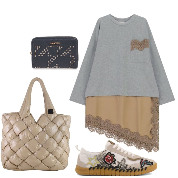 Outfit donna - In città. Stile Casual chic per Tutti i giorni. Abbinamento con borse tote, vestiti lunghi, portafogli, sneakers.