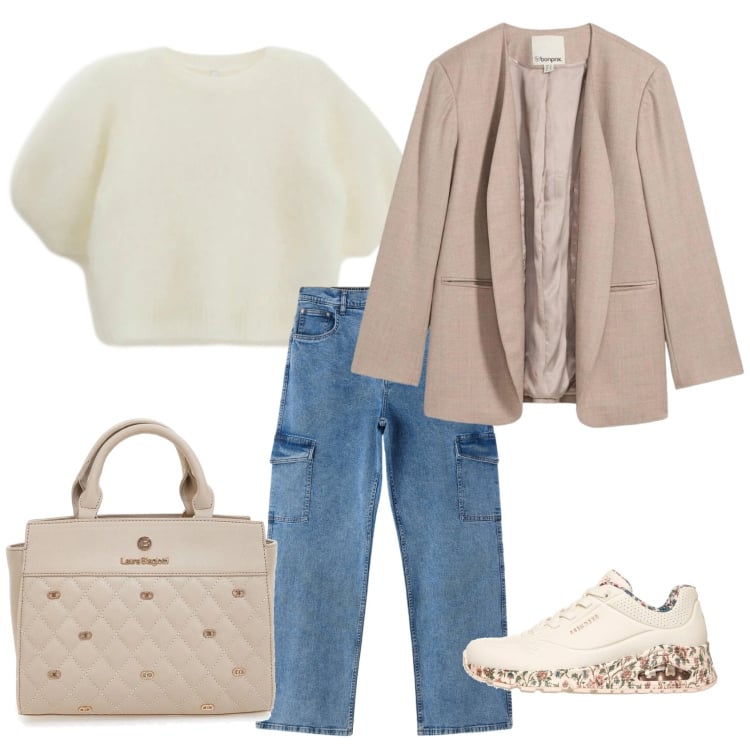 Outfit donna - Total look #2365303. Stile Romantica per Scuola/Università. Abbinamento con blazer, jeans dritti, t-shirt, borse a mano, sneakers alte.
