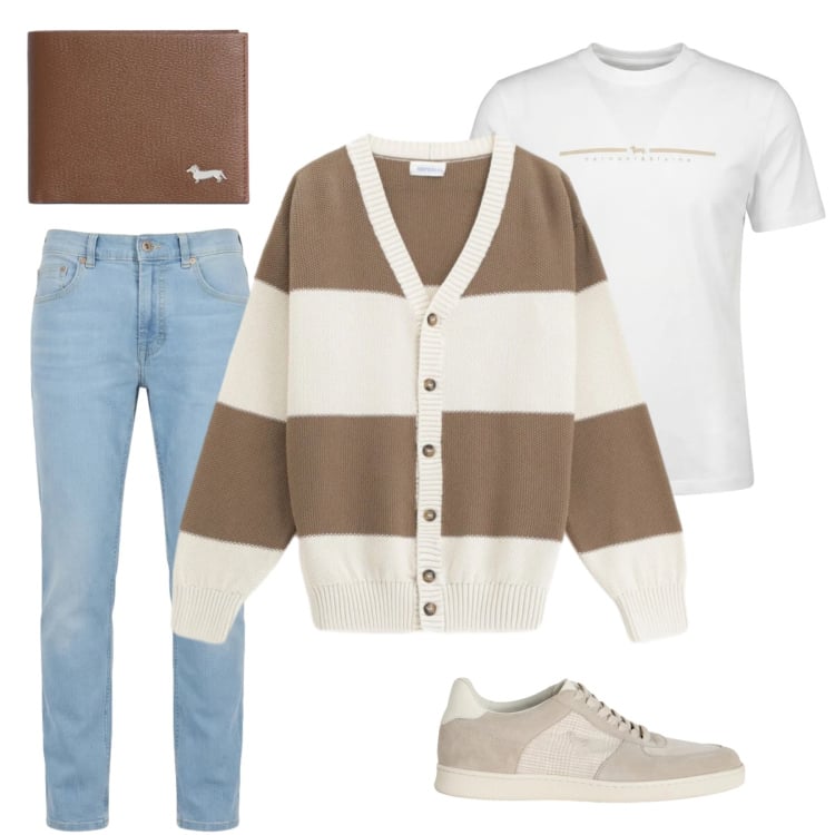 Outfit uomo - Urban Heritage. Stile Urban per Tutti i giorni. Abbinamento con portafogli, t-shirt, sneakers, jeans, cardigans.