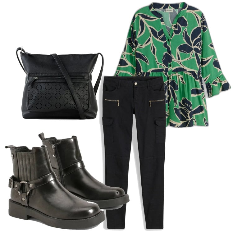 Outfit femme - Du vert pour la st Patrick. Style Rock pour Soirée dehors. Assortir avec pantalon cargo, tuniques, sacs en bandoulière, boots.