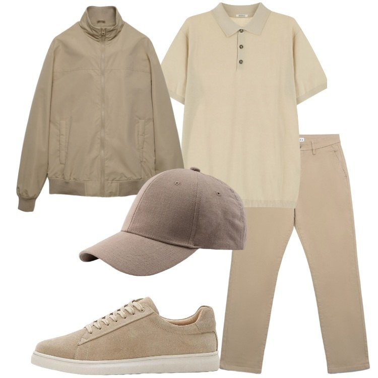 Outfit uomo - Toni sabbia e beige. Stile Trendy per Tutti i giorni. Abbinamento con sneakers, polo, cappelli con visiera, pantaloni chino, bomber.