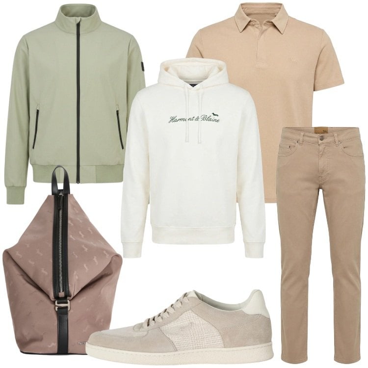 Outfit uomo - Weekend fuori porta. Stile Casual per Tutti i giorni. Abbinamento con felpe con cappuccio, borse sportive, polo, pantaloni, sneakers, giacche sportive.