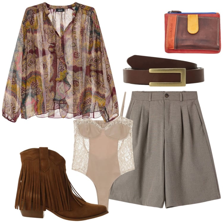 Outfit donna - Total look #2365316. Stile Etnico per Ufficio. Abbinamento con bermuda, stivaletti texani, body, camicie, cinture, portafogli.