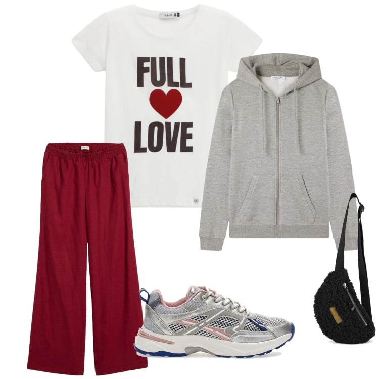Outfit donna - Total look #2365317. Stile Sporty chic per Sport. Abbinamento con pantaloni a palazzo, felpe con cappuccio, t-shirt, marsupi, sneakers.
