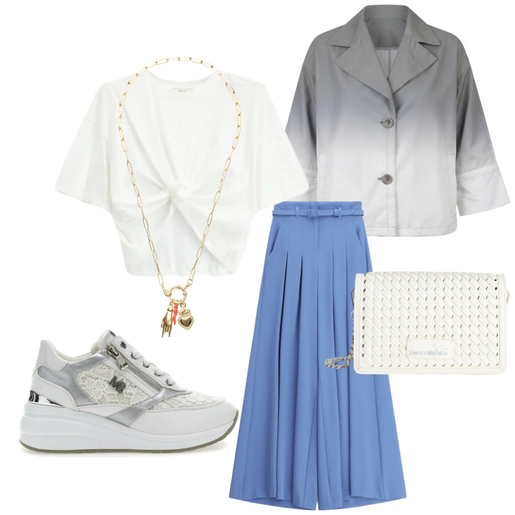 Outfit donna - Total look #2365318. Stile Glamour per Tutti i giorni. Abbinamento con borse a tracolla, pantaloni a palazzo, blazer, t-shirt, ciondoli, scarpe stringate.