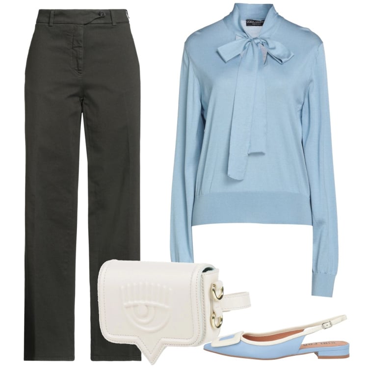 Outfit donna - Azzurro polvere. Stile Casual chic per Ufficio. Abbinamento con marsupi, pullovers, ballerine, jeans dritti.