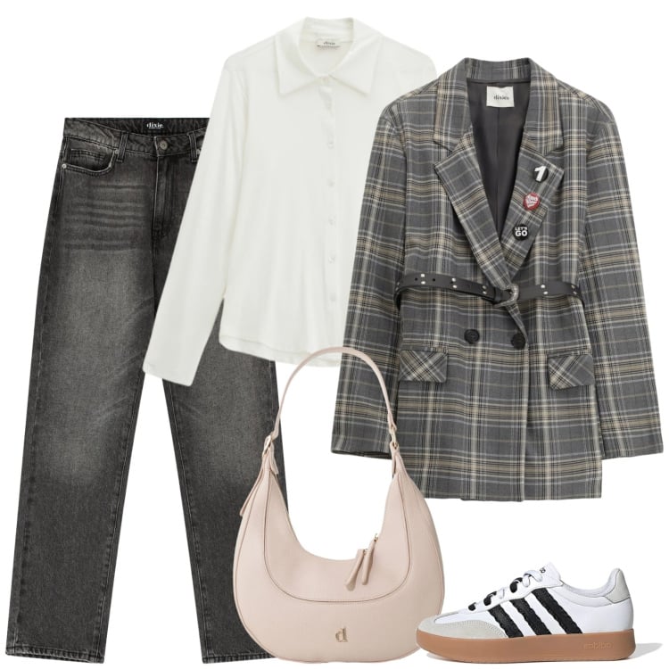Outfit donna - La giacca particolare. Stile Preppy per Scuola/Università. Abbinamento con jeans dritti, blazer, camicie, borse a tracolla, sneakers.