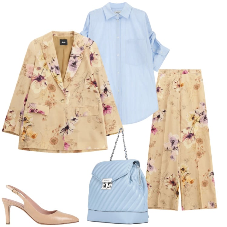 Outfit donna - Garden Elegance. Stile Glamour per Tutti i giorni. Abbinamento con zaini, décolleté, camicie, blazer, pantaloni a palazzo.