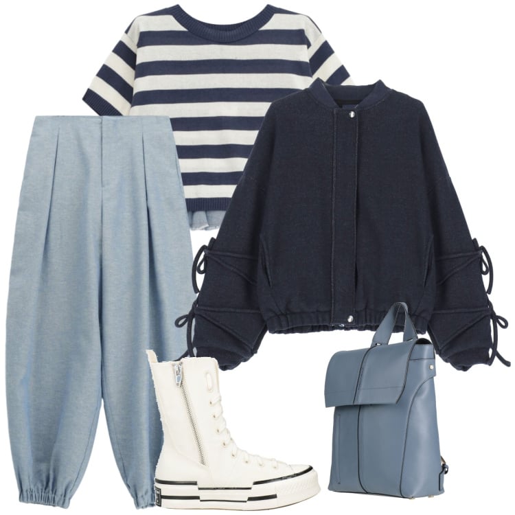 Outfit donna - In barca. per Mare. Abbinamento con stivaletti, zaini, pantaloni, t-shirt, bomber.