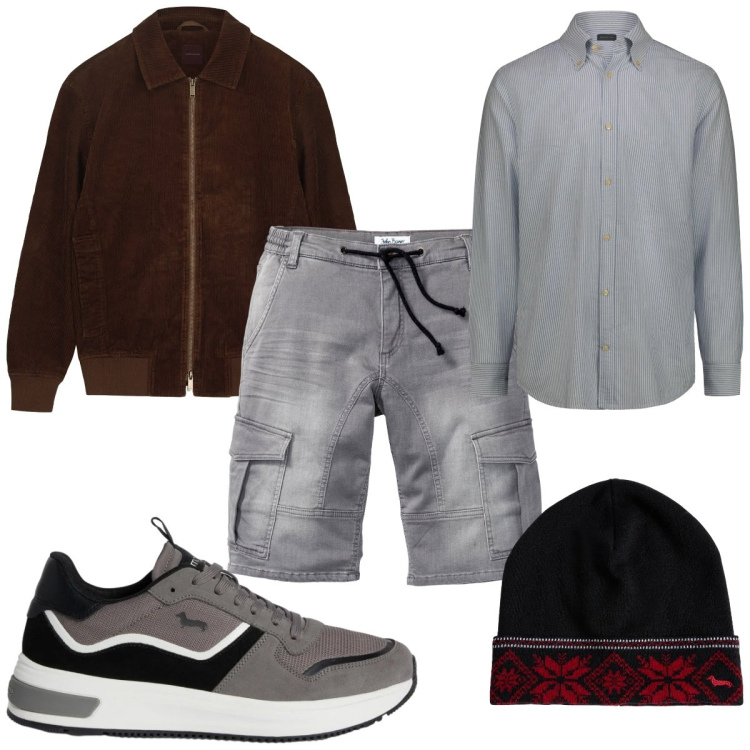Outfit uomo - Camicia a maniche arrotolate: in grigio. Stile Trendy per Tutti i giorni. Abbinamento con bermuda, sneakers, berretti, giacche, camicie.