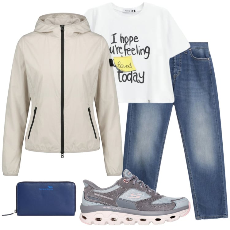 Outfit donna - Vado a camminare. Stile Sporty chic per Sport. Abbinamento con portafogli, t-shirt, jeans dritti, giacche sportive, sneakers.