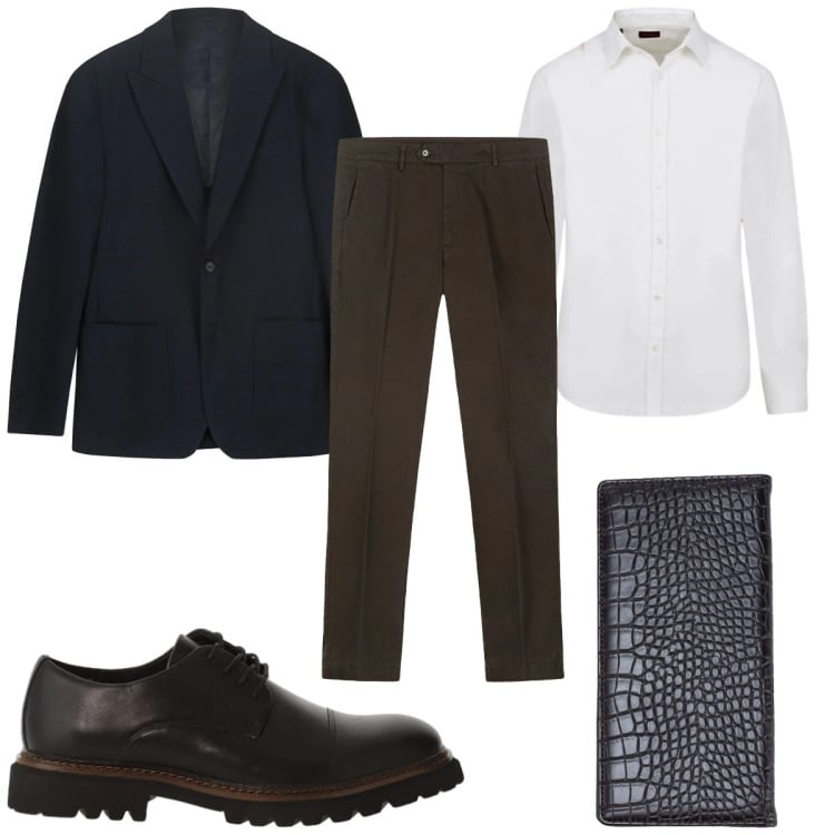 Outfit uomo - Camicia a maniche arrotolate. Stile Casual per Ufficio. Abbinamento con scarpe stringate, camicie, pantaloni chino, giacche, portafogli.