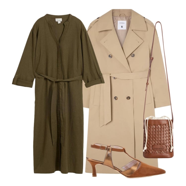Outfit donna - Abito con fusciacca. Stile Minimal per Ufficio. Abbinamento con vestiti, borse a secchiello, trench, décolleté.