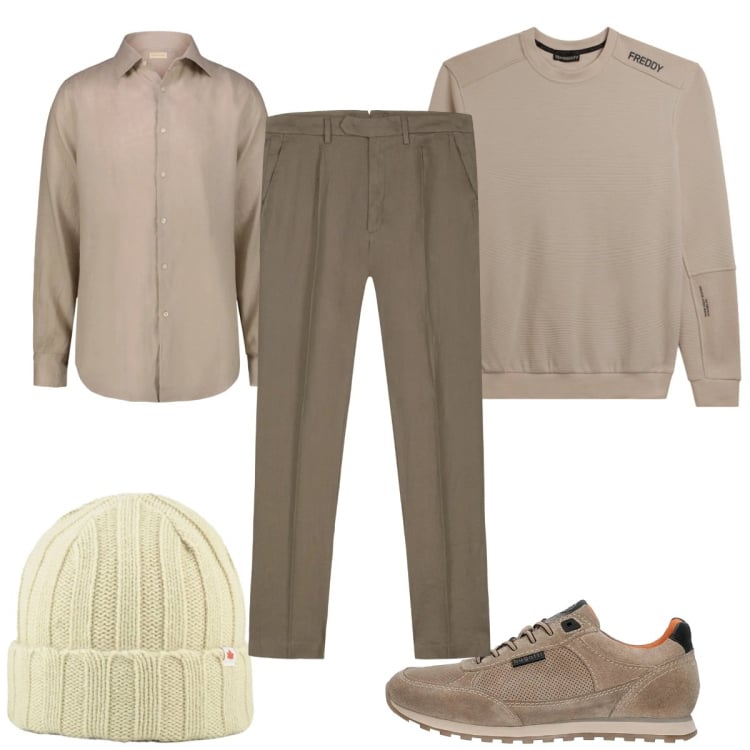 Outfit uomo - Toni sabbia e beige :in città. Stile Casual per Tutti i giorni. Abbinamento con felpe, berretti, camicie, sneakers, pantaloni.