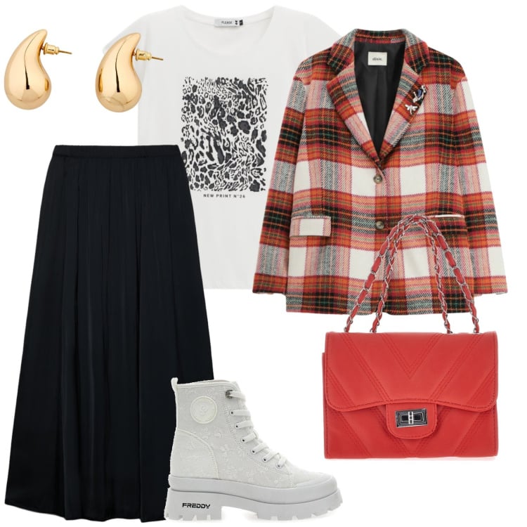 Outfit donna - Lo stivaletto primavera. per Tutti i giorni. Abbinamento con orecchini, gonne longuette, t-shirt, blazer, stivaletti, borse a tracolla.
