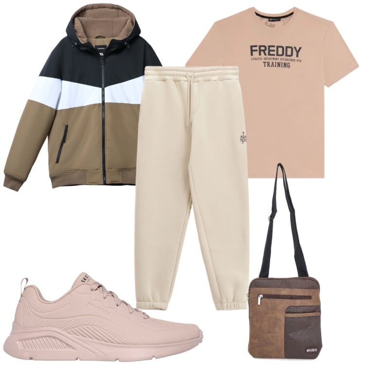 Outfit uomo - Toni sabbia e beige in palestra. Stile Trendy per Sport. Abbinamento con pantaloni, t-shirt, sneakers, borse sportive, piumini.