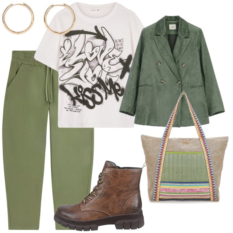 Outfit donna - In città per comprare. per Tutti i giorni. Abbinamento con orecchini, pantaloni, t-shirt, blazer, anfibi, shopping bag.