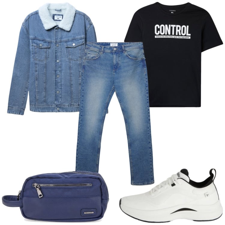 Outfit uomo - Weekend fuori porta : in jeans. Stile Casual per Tutti i giorni. Abbinamento con t-shirt, giacche, jeans dritti, sneakers, borse sportive.