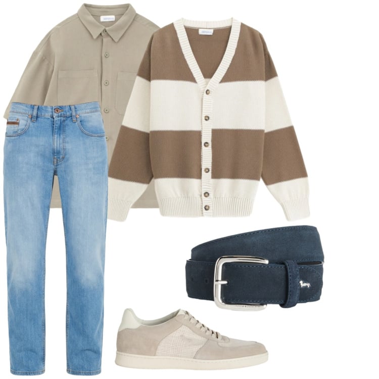 Outfit uomo - Marzo. per Tutti i giorni. Abbinamento con jeans, cinture, sneakers, cardigans, camicie a manica corta.