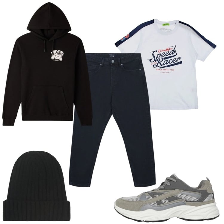 Outfit uomo - Total look #2365345. Stile Casual per Tutti i giorni. Abbinamento con sneakers, jeans, felpe con cappuccio, t-shirt, berretti.