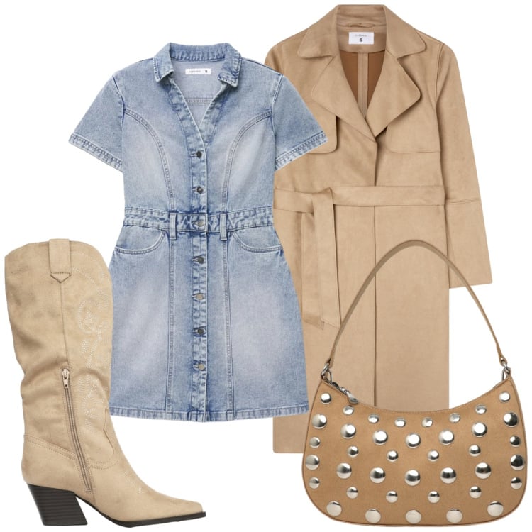 Outfit donna - Borchie e stivali. Stile Casual per Tutti i giorni. Abbinamento con vestiti corti, borse a tracolla, trench, stivali.