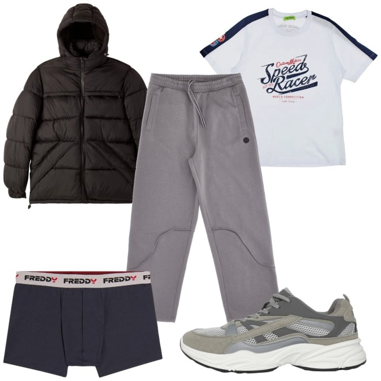 Outfit uomo - Total look #2365352. Stile Casual per Tutti i giorni. Abbinamento con sneakers, bomber, boxer, t-shirt, pantaloni.
