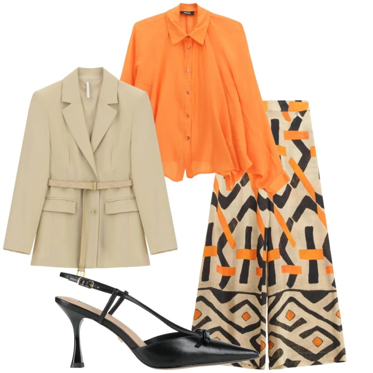 Outfit donna - Fantasie. Stile Casual chic per Tutti i giorni. Abbinamento con décolleté, blazer, camicie, pantaloni a palazzo.