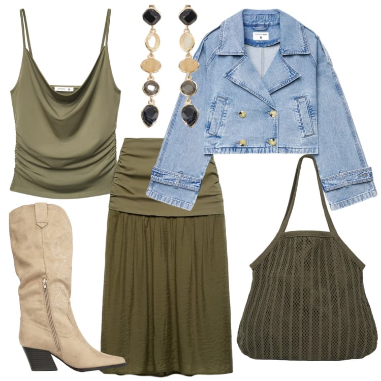 Outfit donna - Dinamica con la gonna. Stile Urban per Tutti i giorni. Abbinamento con gonne longuette, shopping bag, stivali, caban, canottiere, cappelli con visiera.